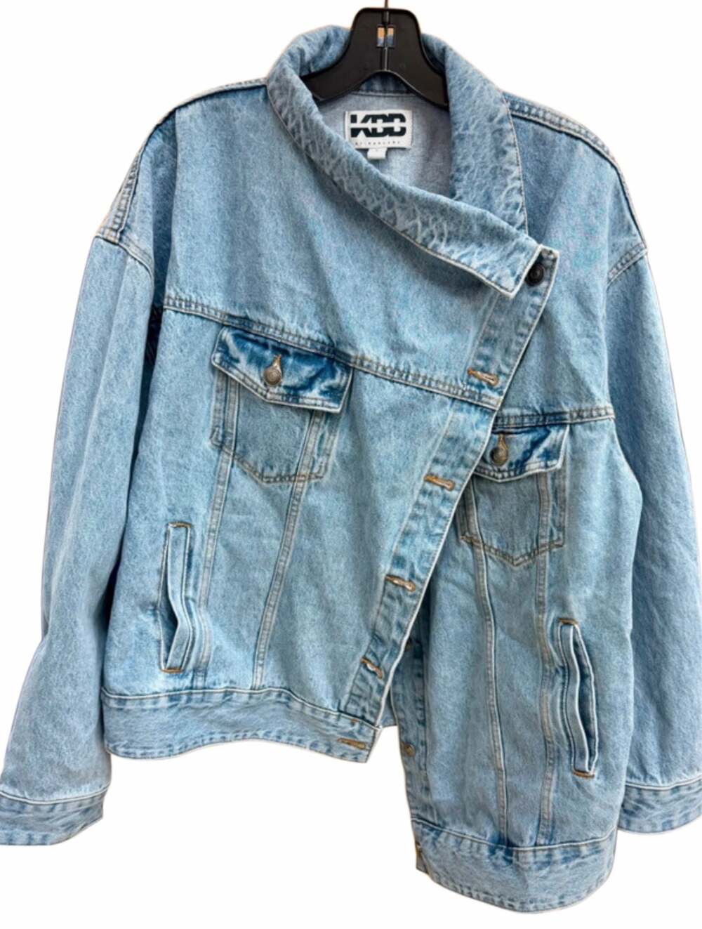 KBB by Kahlana Barfield Brown Asymmetrical Denim Jacket Light Wash Size L
